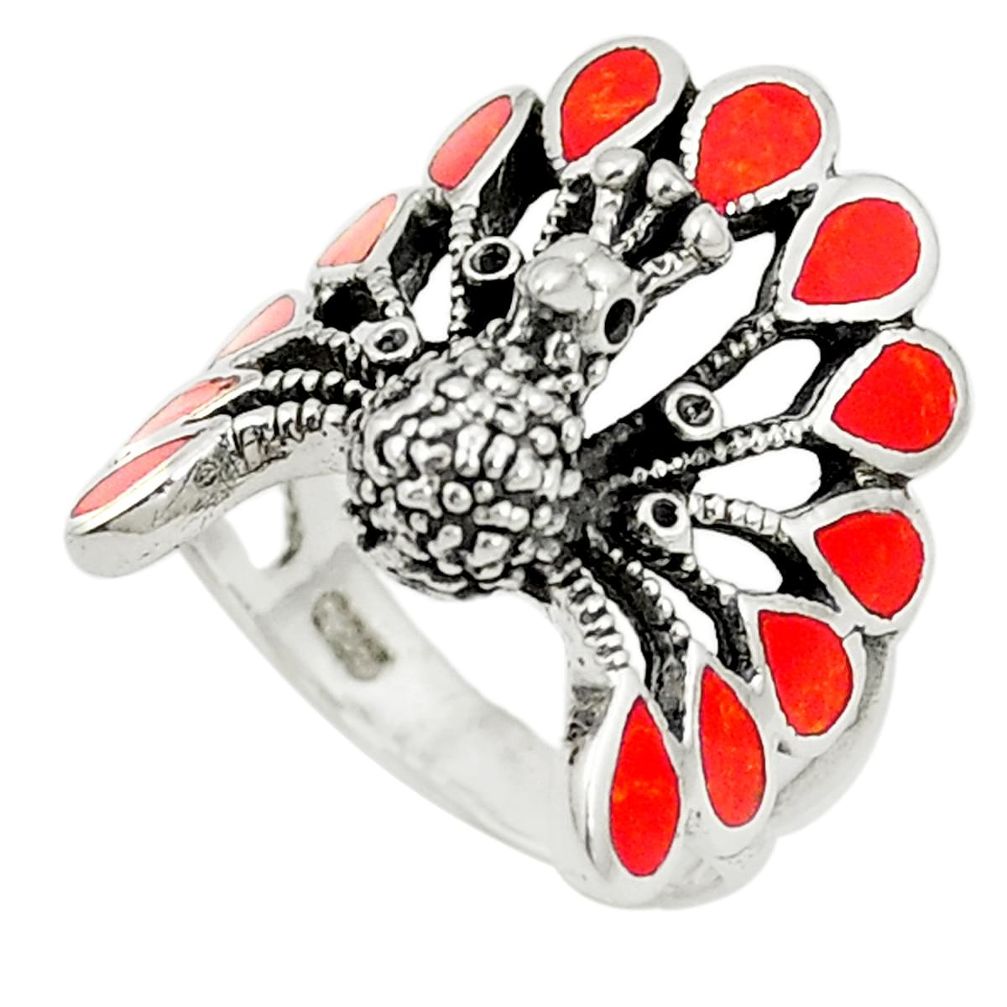 925 sterling silver red coral enamel peacock ring jewelry size 6.5 a80856