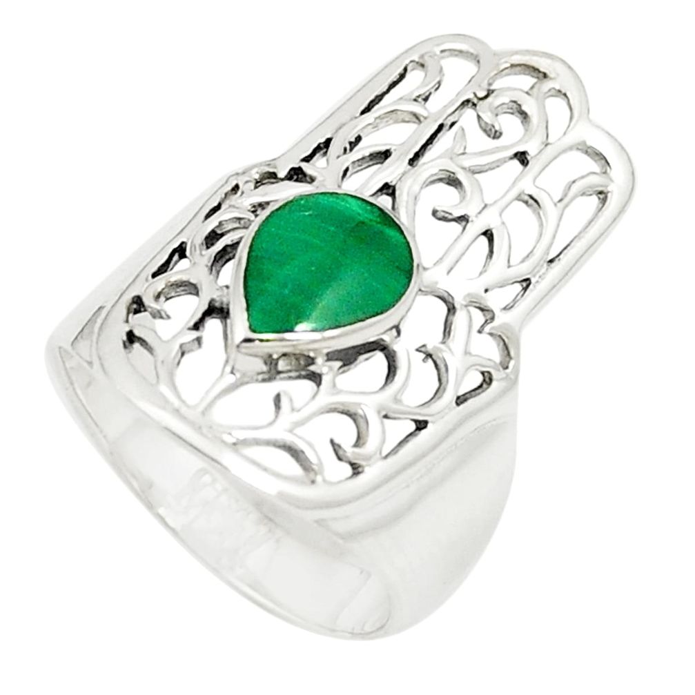 Green malachite (pilot's stone) 925 silver hand of god hamsa ring size 6 a80895