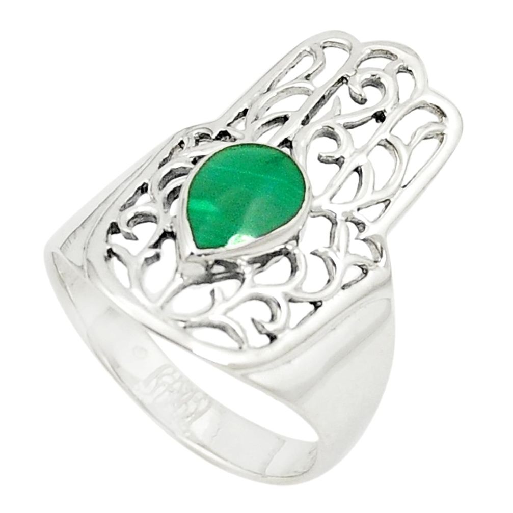 Green malachite (pilot's stone) 925 silver hand of god hamsa ring size 7 a80896