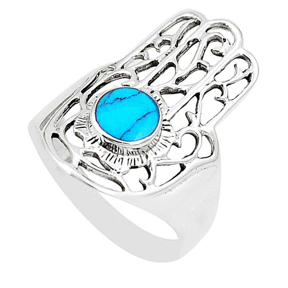 Fine blue turquoise 925 silver hand of god hamsa ring size 9 a80954