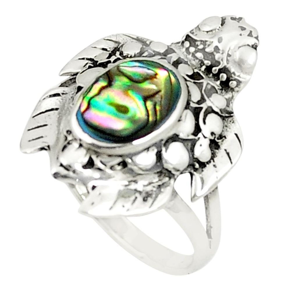 Natural green abalone paua seashell 925 silver tortoise ring size 8 a80965