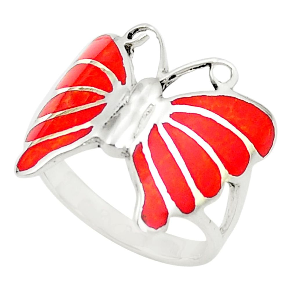 925 sterling silver red coral enamel butterfly ring size 5.5 a80966