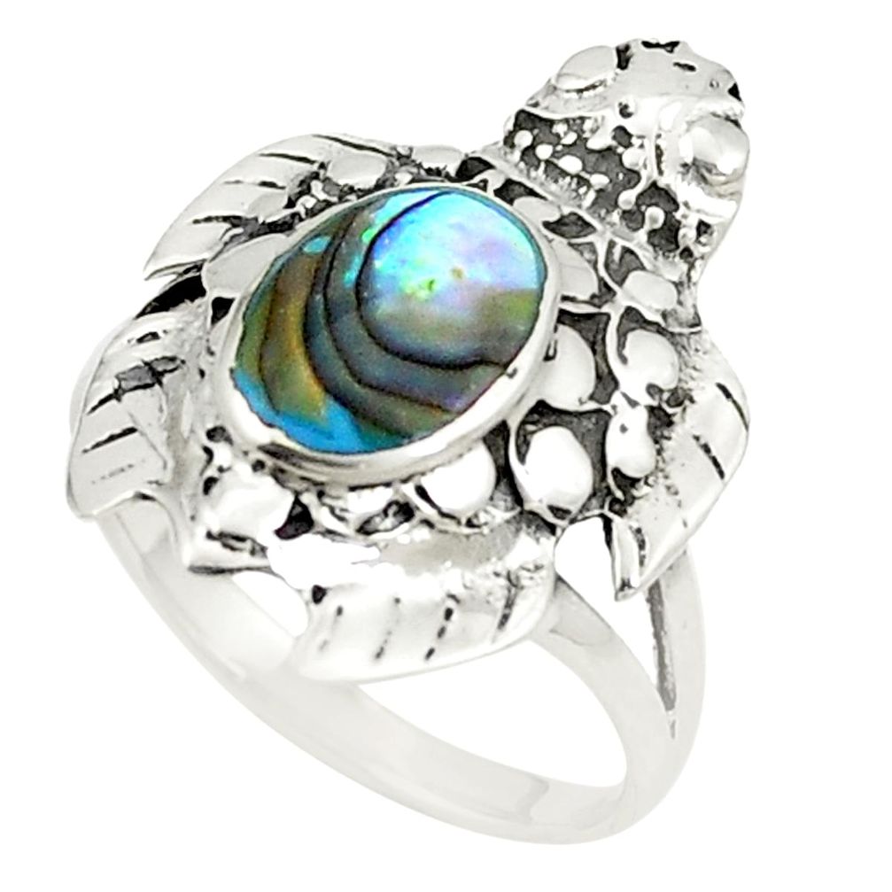 Natural green abalone paua seashell 925 silver ring size 7.5 a80978