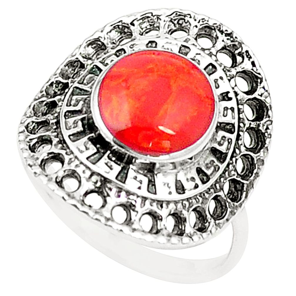 Red coral round 925 sterling silver ring jewelry size 6.5 a80982