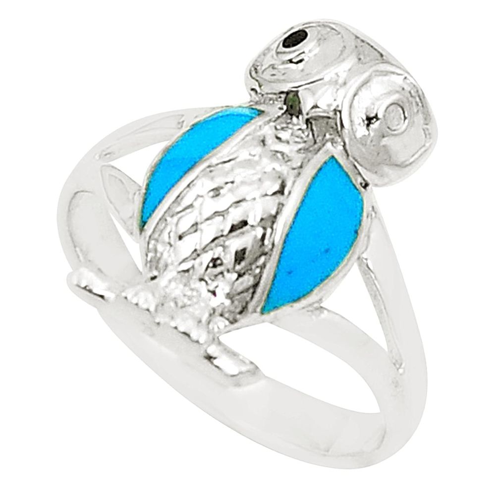 Fine blue turquoise onyx enamel 925 silver owl ring jewelry size 7.5 a80986
