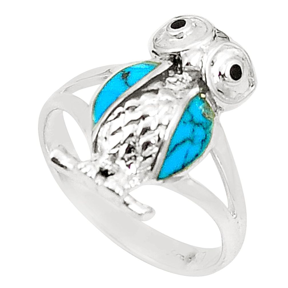 Fine blue turquoise onyx enamel 925 silver owl ring size 7.5 a80988