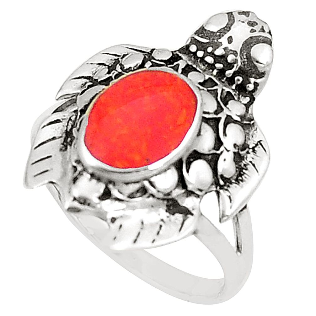 Red coral 925 sterling silver tortoise ring jewelry size 8 a80993