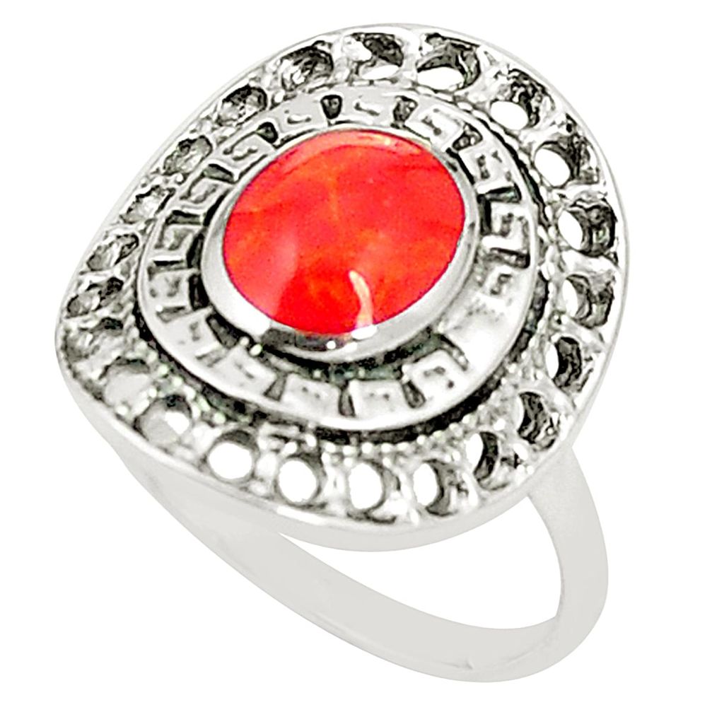 925 sterling silver red coral oval shape ring jewelry size 6.5 a80994