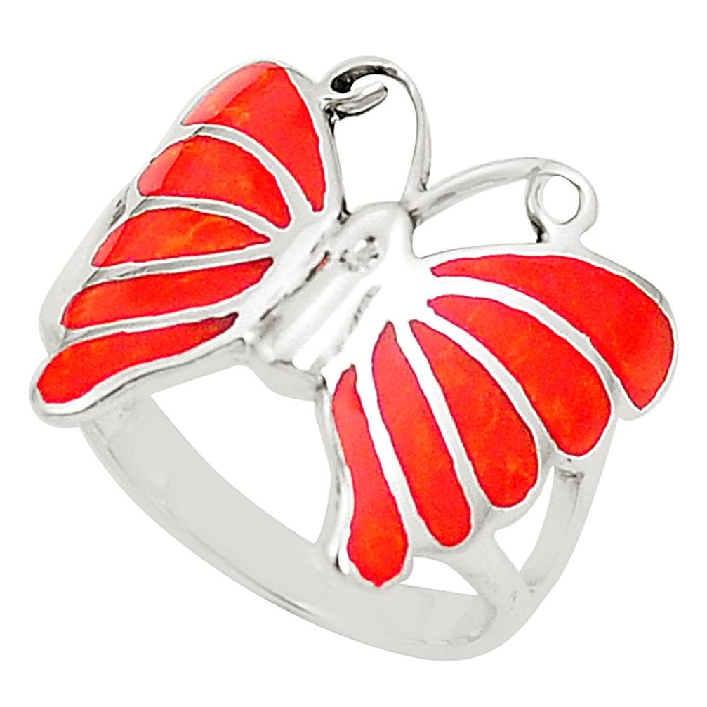 Red coral enamel 925 sterling silver butterfly ring size 6.5 a80995