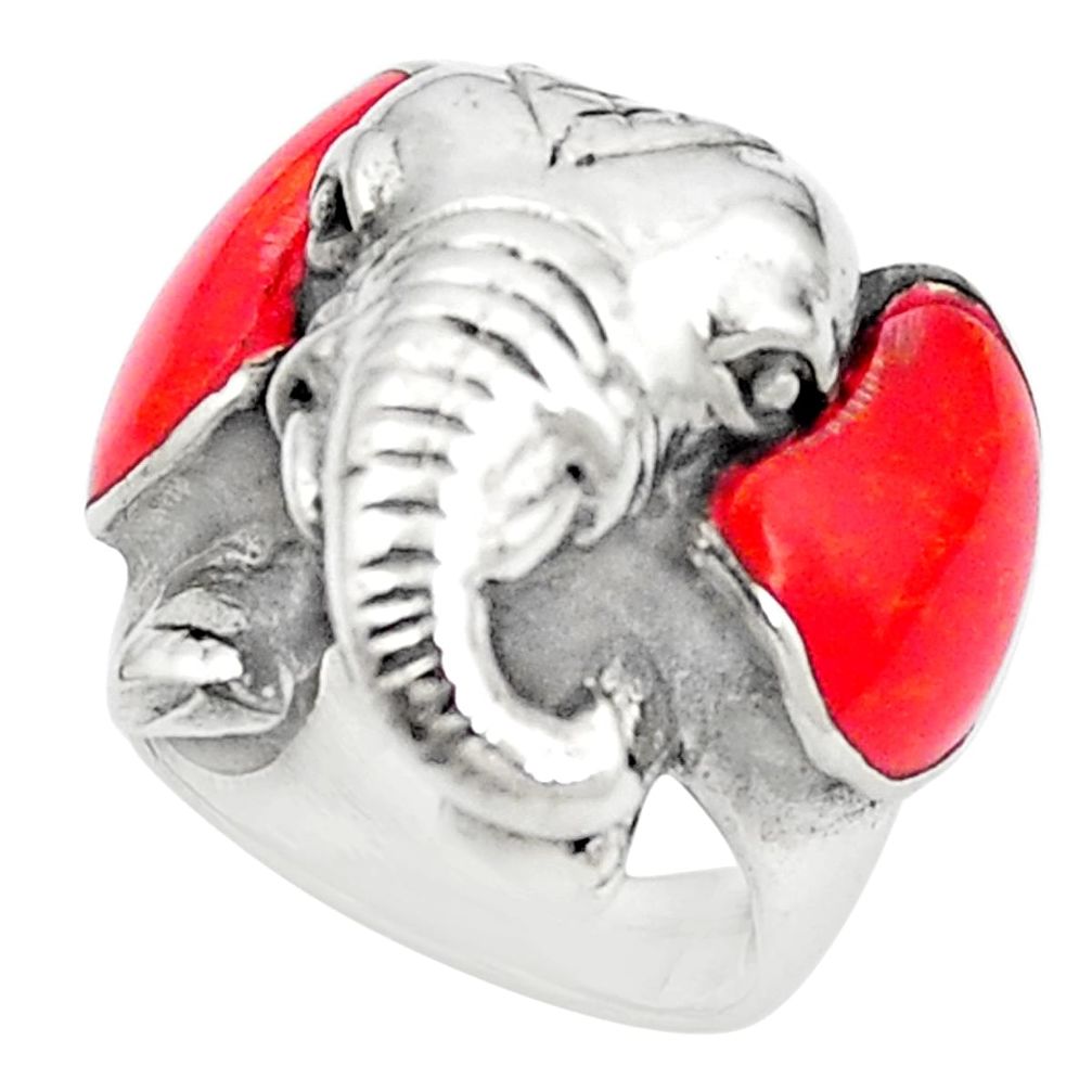 Red coral 925 sterling silver elephant ring jewelry size 6 a83223