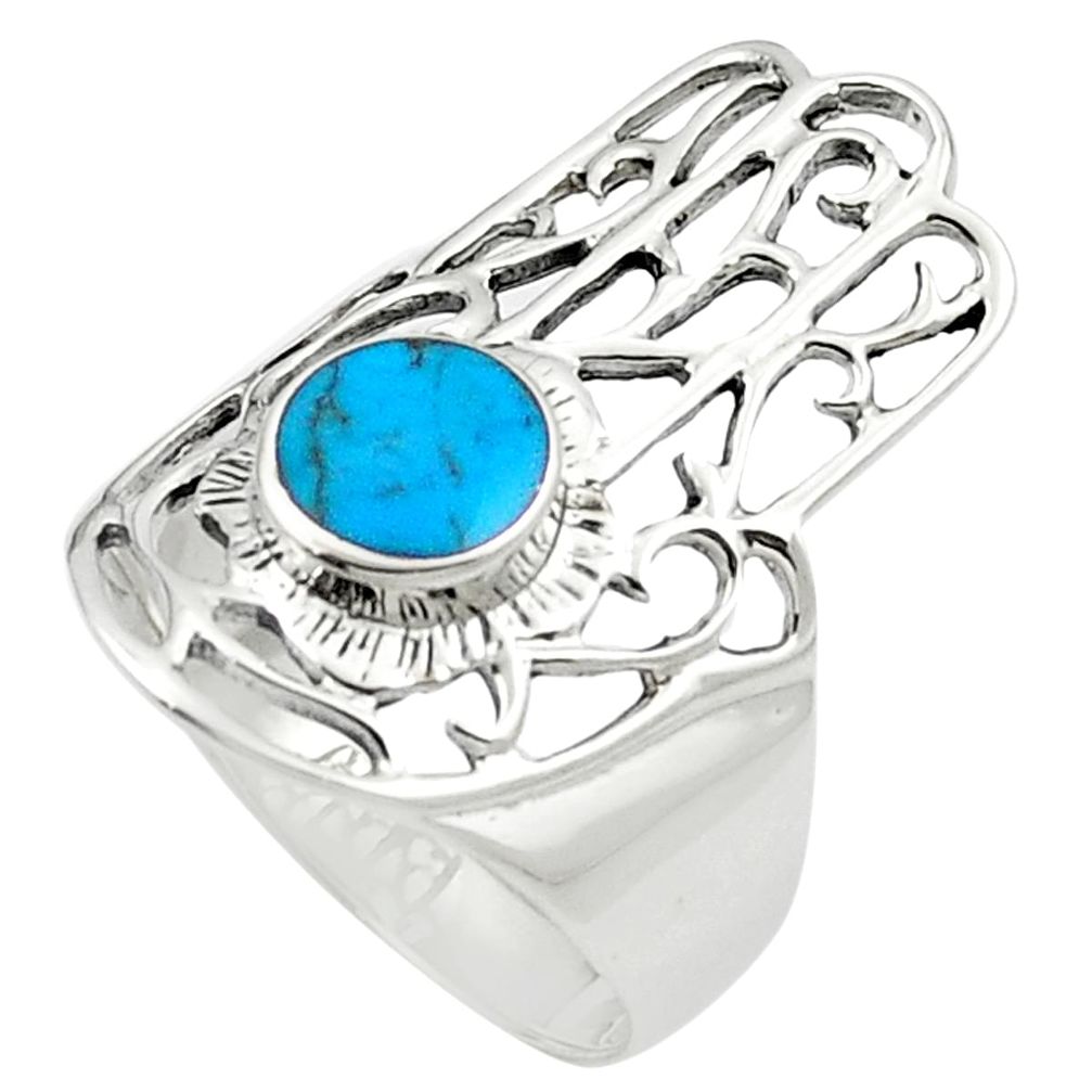 Fine blue turquoise enamel 925 silver hand of god hamsa ring size 9 a84292