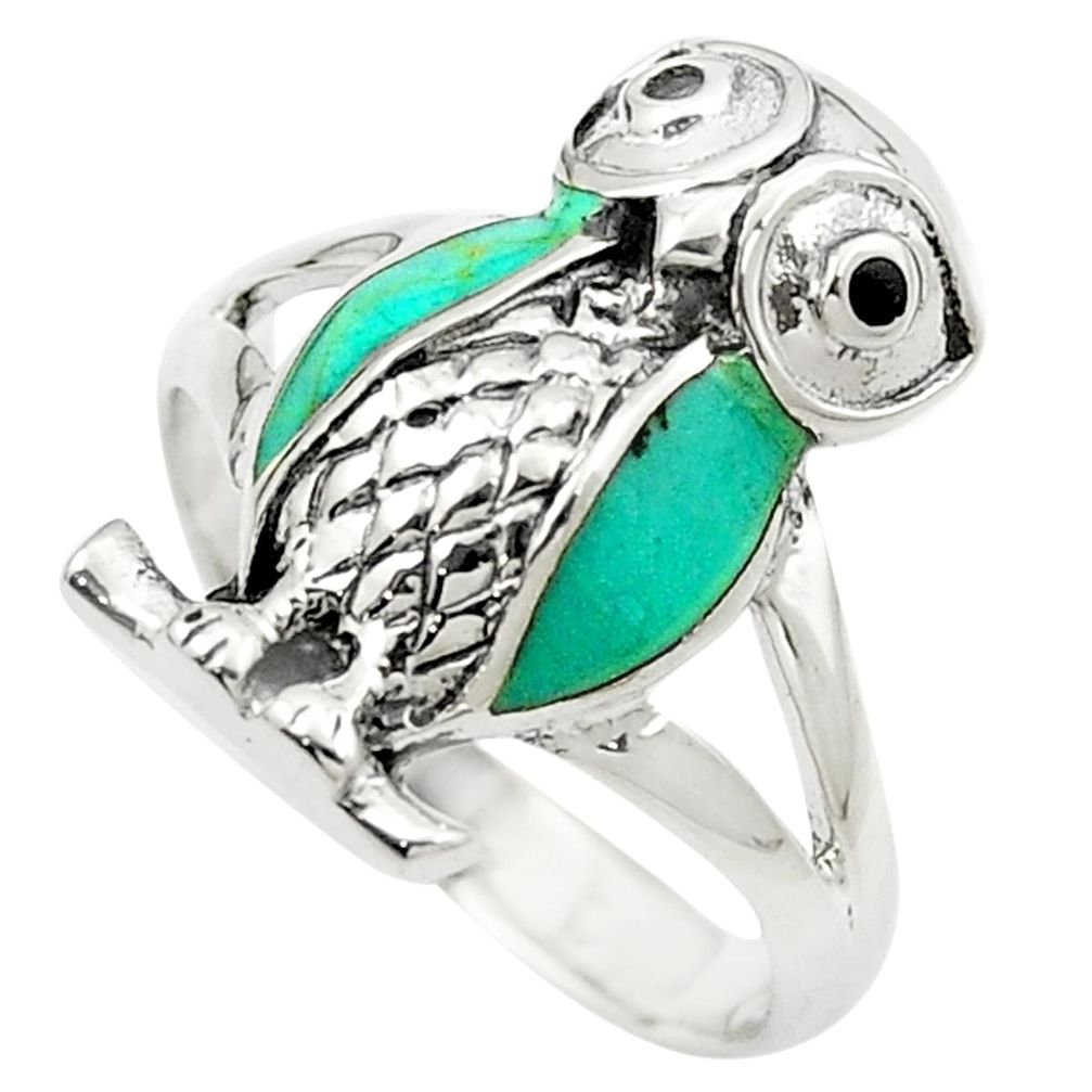 925 silver fine green turquoise onyx enamel owl ring jewelry size 6.5 a84685
