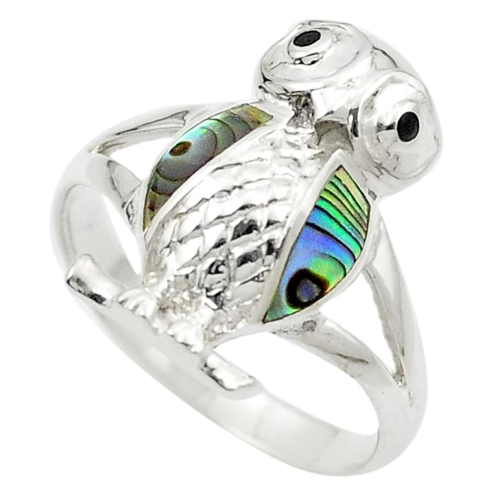 Green abalone paua seashell 925 sterling silver owl ring size 8 a84699