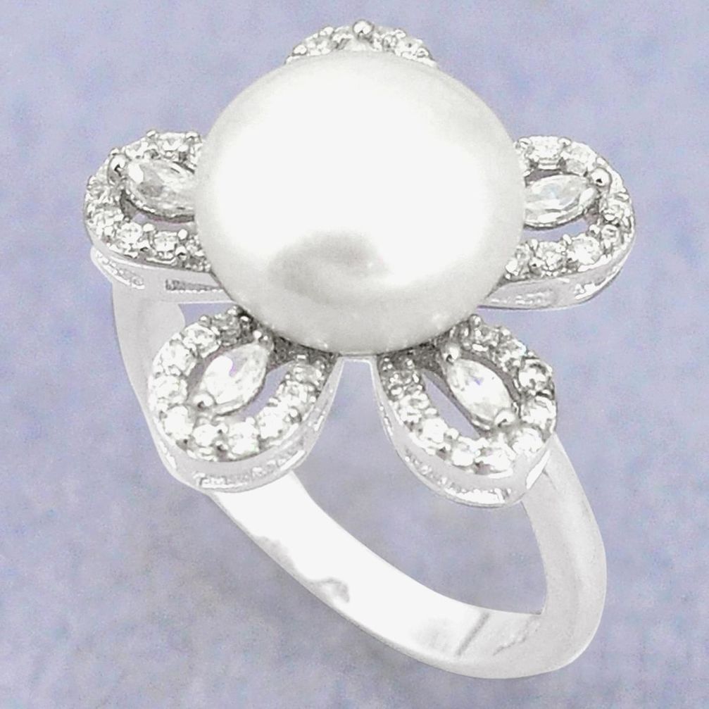 Natural white pearl topaz round 925 sterling silver ring size 6.5 a84804