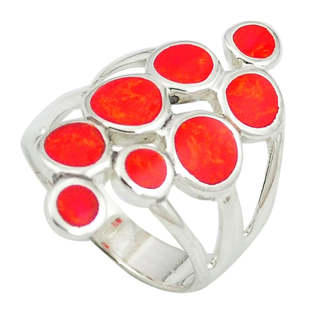 Red coral enamel 925 sterling silver ring jewelry size 5.5 a84926