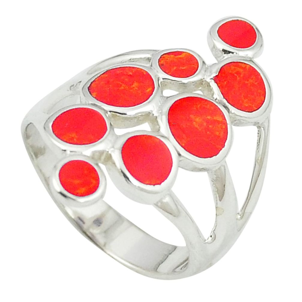 Red coral enamel 925 sterling silver ring jewelry size 6.5 a84973