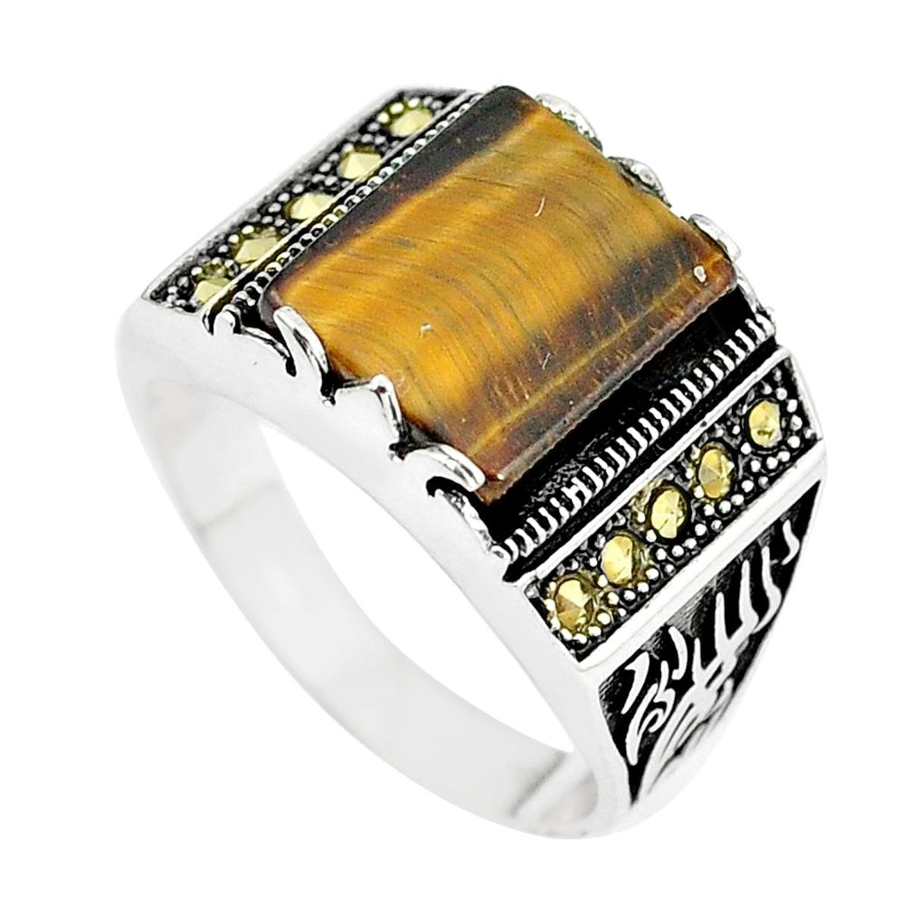 Brown tiger's eye swiss marcasite 925 silver mens ring size 5.5 a86896
