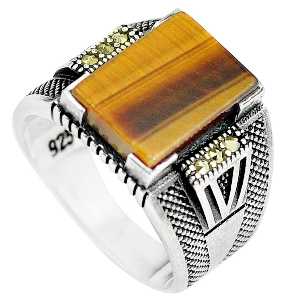 Brown tiger's eye marcasite 925 sterling silver mens ring size 10 a86999