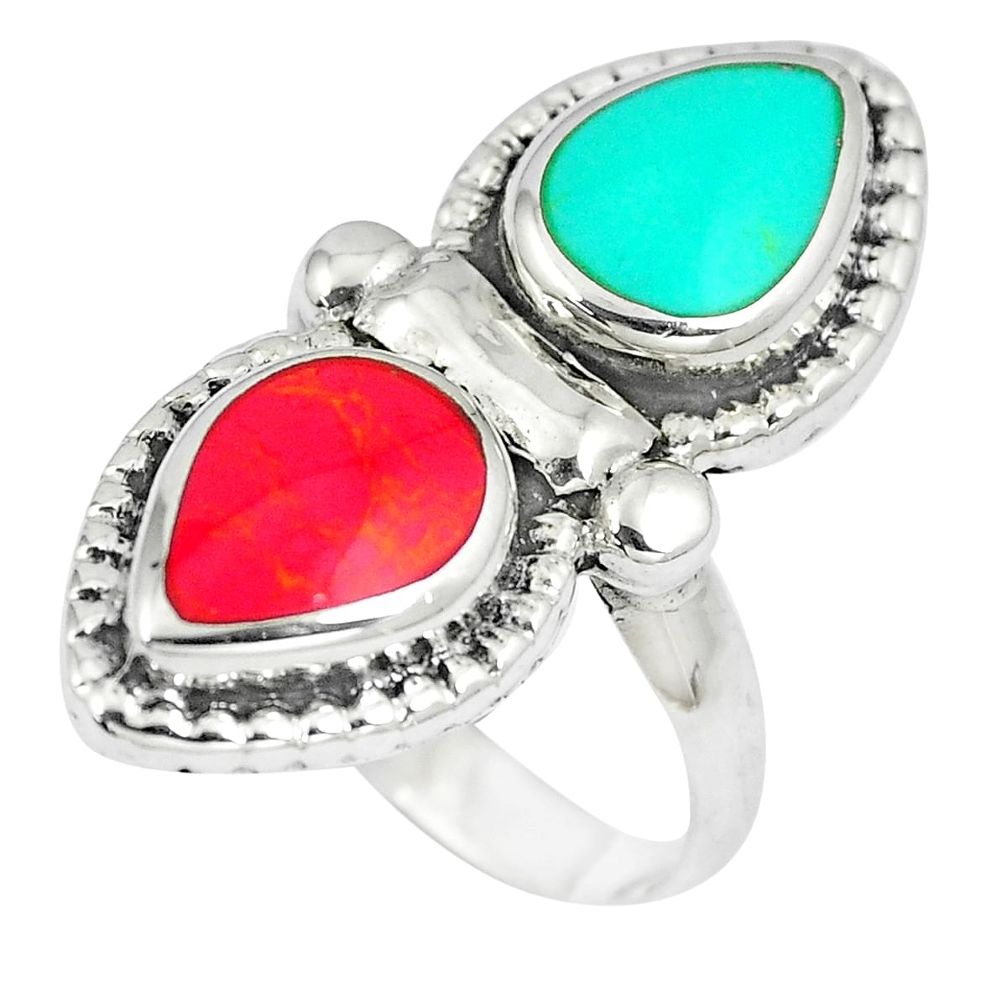 6.89gms red coral turquoise enamel 925 sterling silver ring size 6.5 a88082