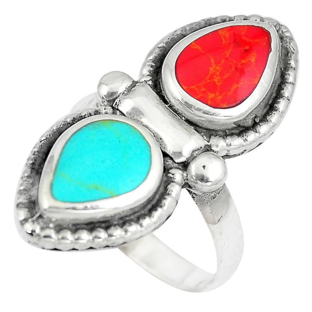 925 sterling silver 7.25gms red coral turquoise enamel ring size 7 a88095