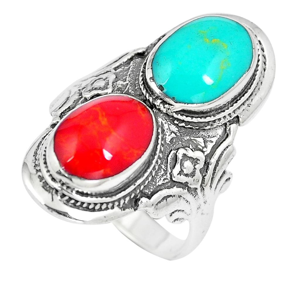 7.69gms red coral turquoise enamel 925 sterling silver ring size 7.5 a88096