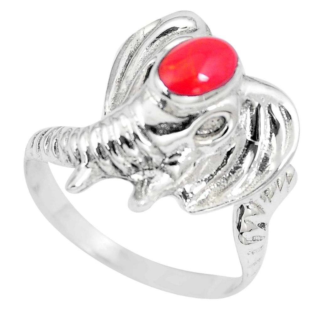 5.02gms red coral enamel 925 sterling silver elephant ring jewelry size 8 a88107