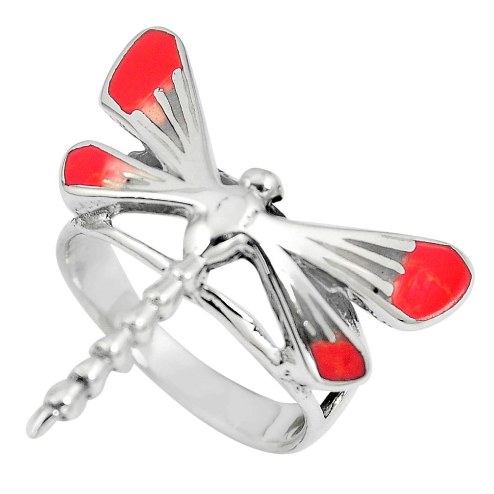 925 sterling silver 4.02gms pink coral enamel dragonfly ring size 6 a88116