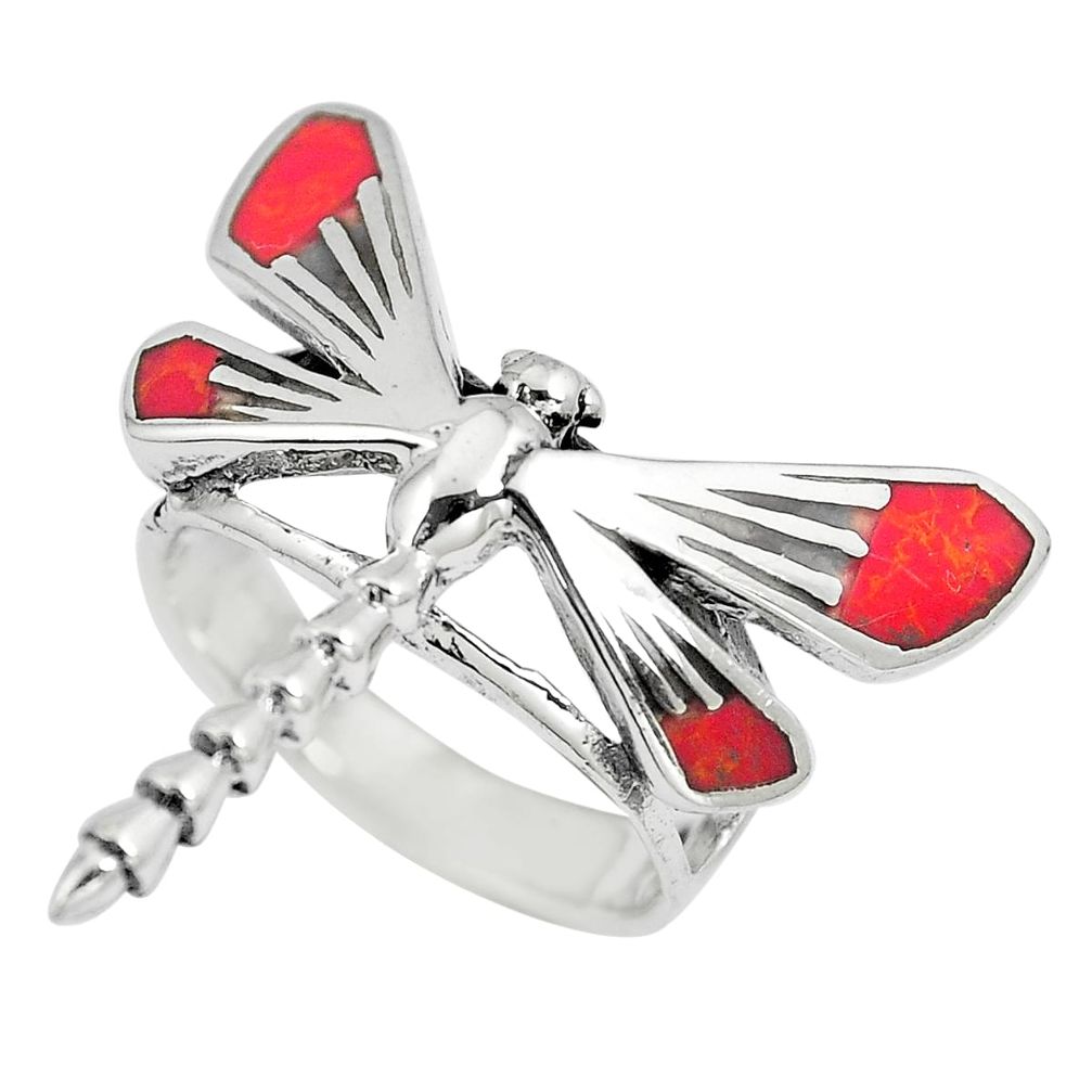 5.03gms red coral enamel 925 sterling silver dragonfly ring size 5.5 a88155