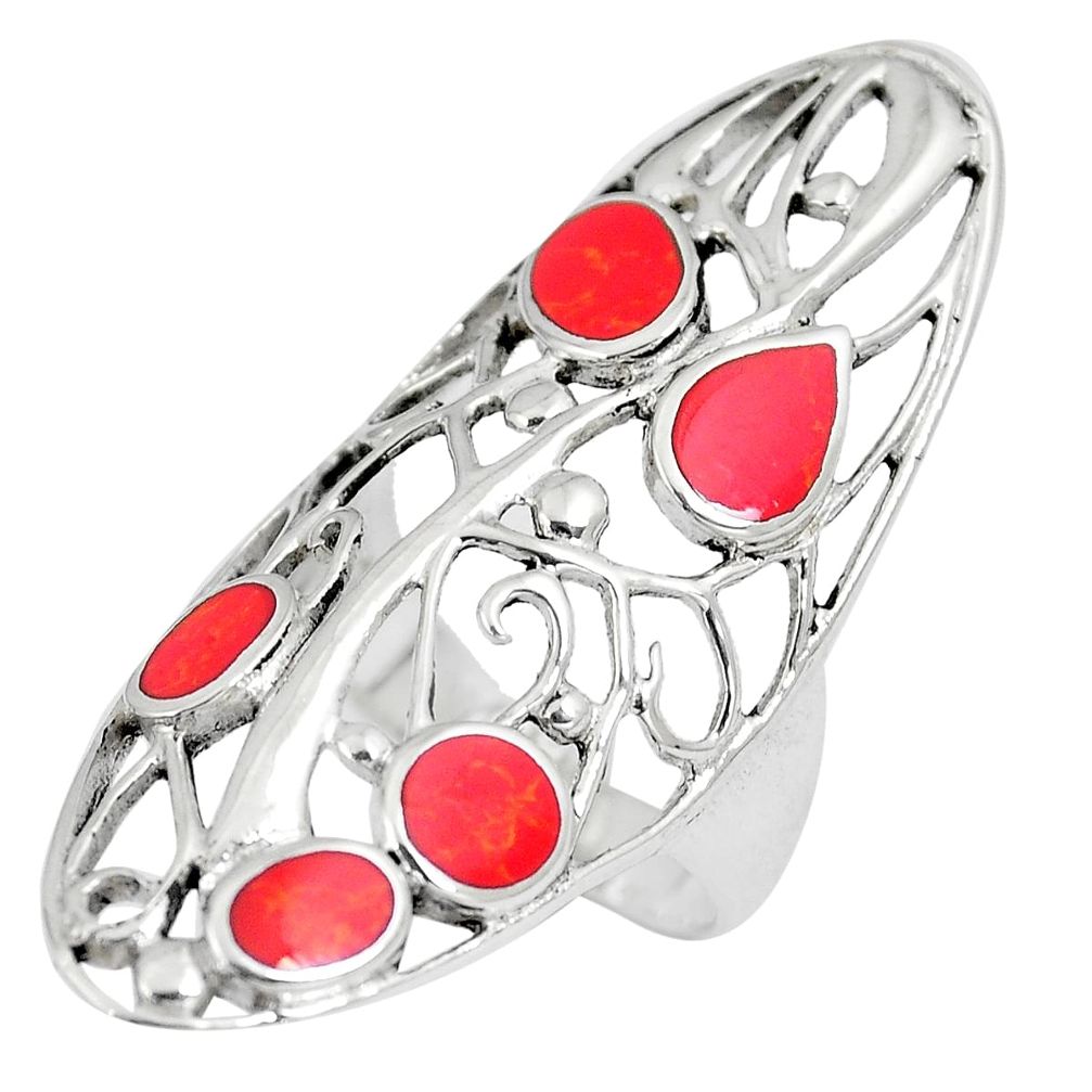 925 sterling silver 6.02gms red coral enamel ring jewelry size 6 a88164