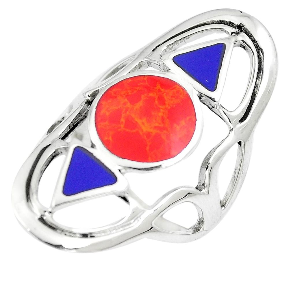 6.65gms red coral lapis lazuli enamel 925 sterling silver ring size 6.5 a88192