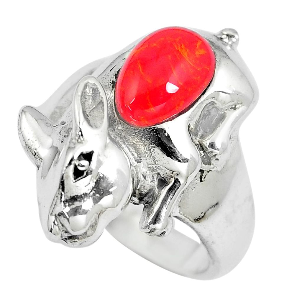 2.07cts red coral 925 sterling silver rabbit charm ring jewelry size 6 a88205