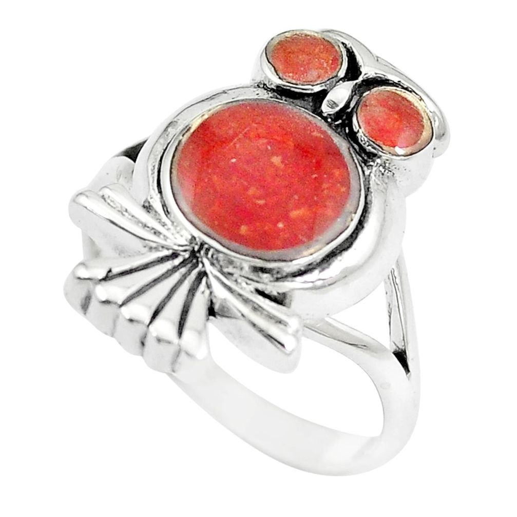 6.02gms red sponge coral enamel 925 silver owl ring jewelry size 7 a88507