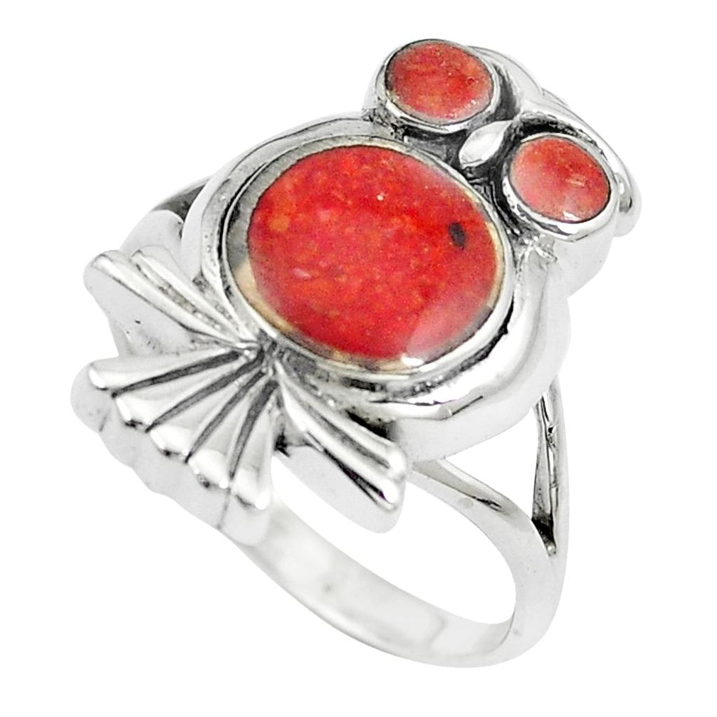 6.02gms red sponge coral enamel 925 silver owl ring jewelry size 6 a88523