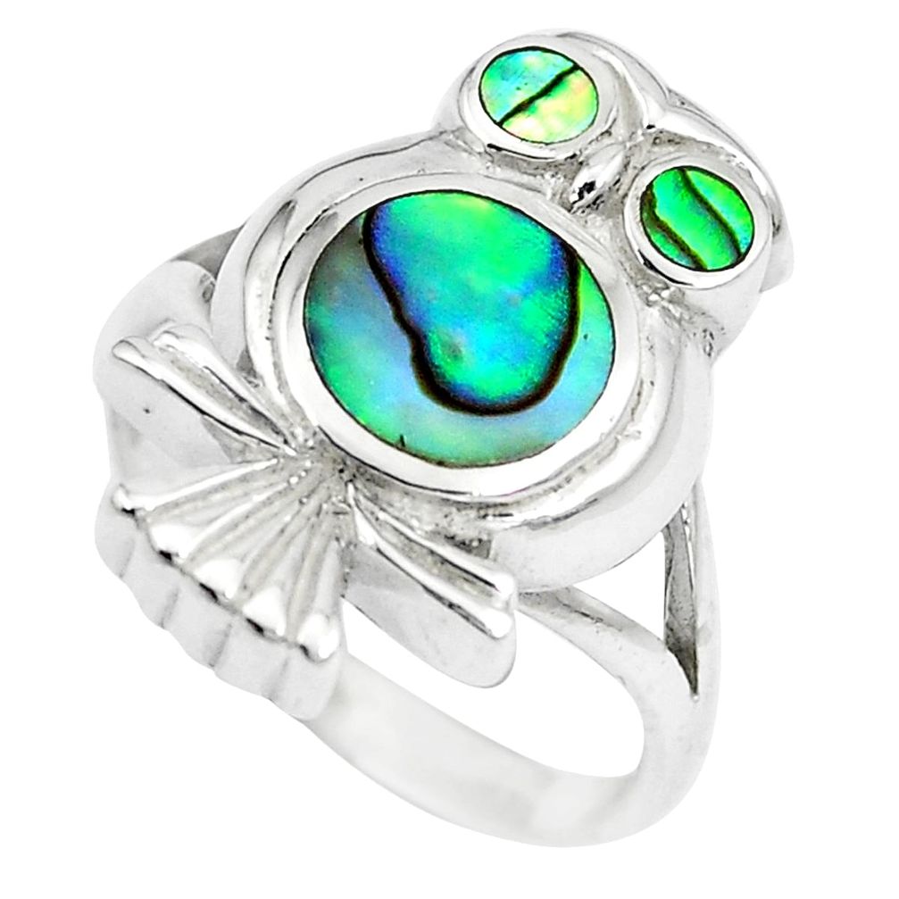 925 silver 6.26gms green abalone paua seashell owl ring jewelry size 5.5 a88533
