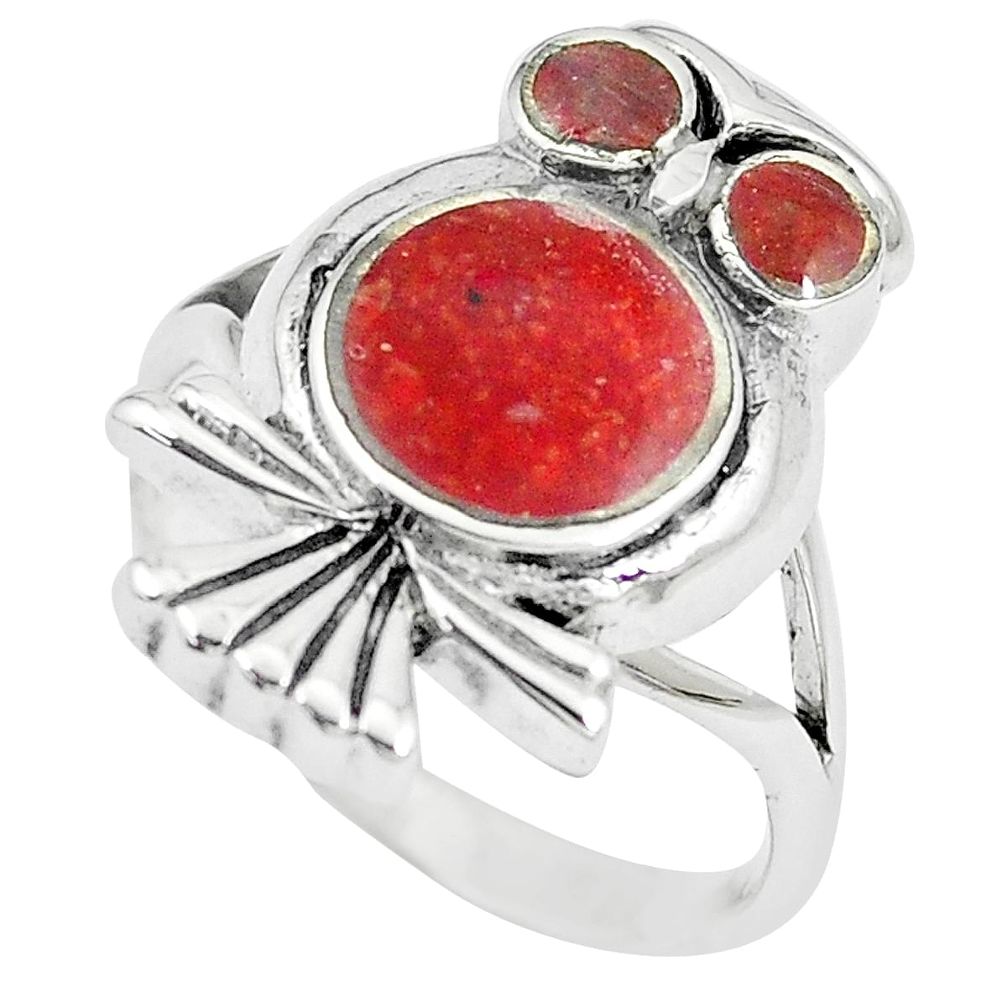 5.48gms red sponge coral enamel 925 silver owl ring jewelry size 6 a88548