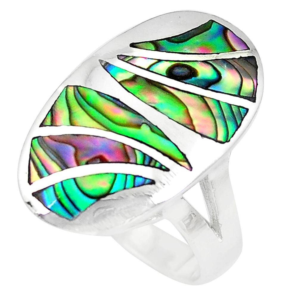 925 silver 6.26gms green abalone paua seashell ring jewelry size 6.5 a88564