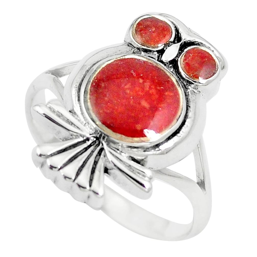 6.02gms red sponge coral enamel 925 silver owl ring jewelry size 8 a88571