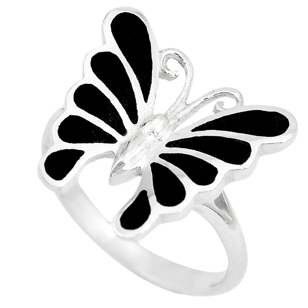 4.69gms black onyx enamel 925 silver butterfly ring jewelry size 8 a88688