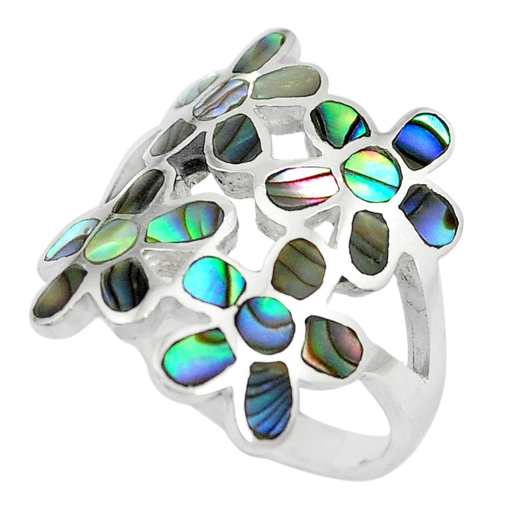 6.02gms green abalone paua seashell 925 silver flower ring size 7 a88702