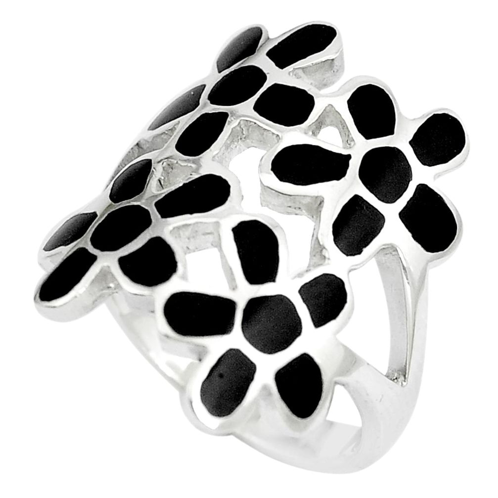 6.02gms black onyx enamel 925 sterling silver flower ring size 8 a88730