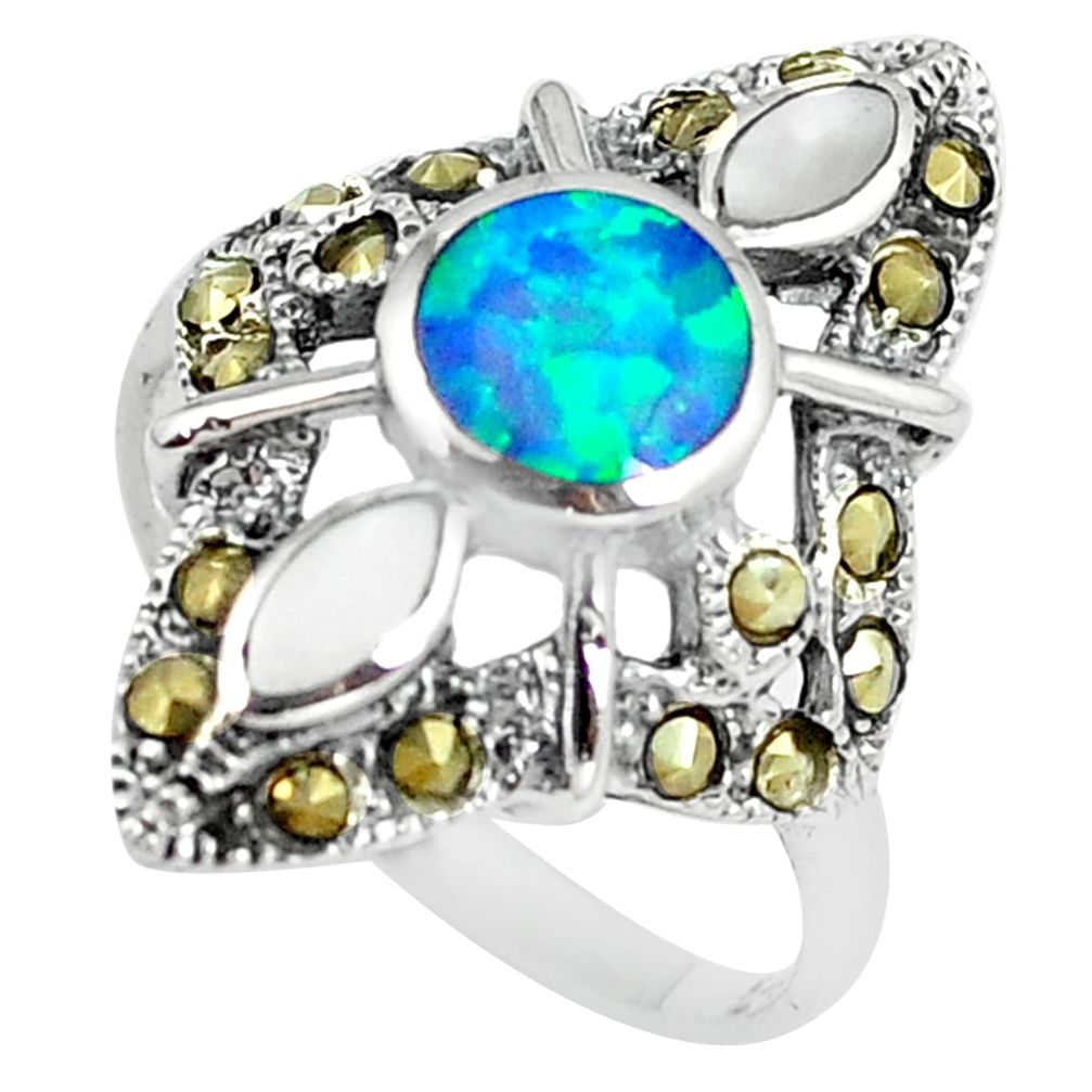 Blue australian opal (lab) marcasite 925 silver solitaire ring size 8 a89143