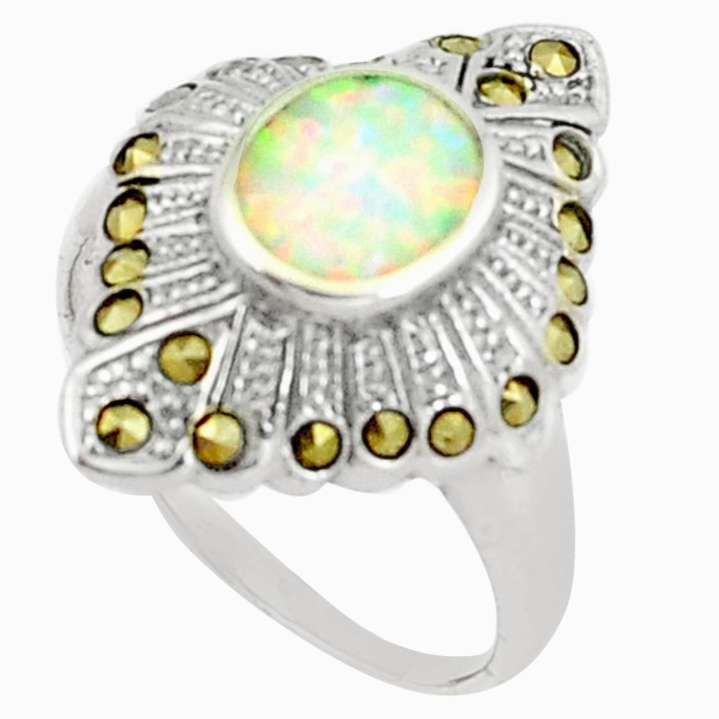 925 silver 1.51cts pink australian opal (lab) marcasite ring size 8.5 a89168