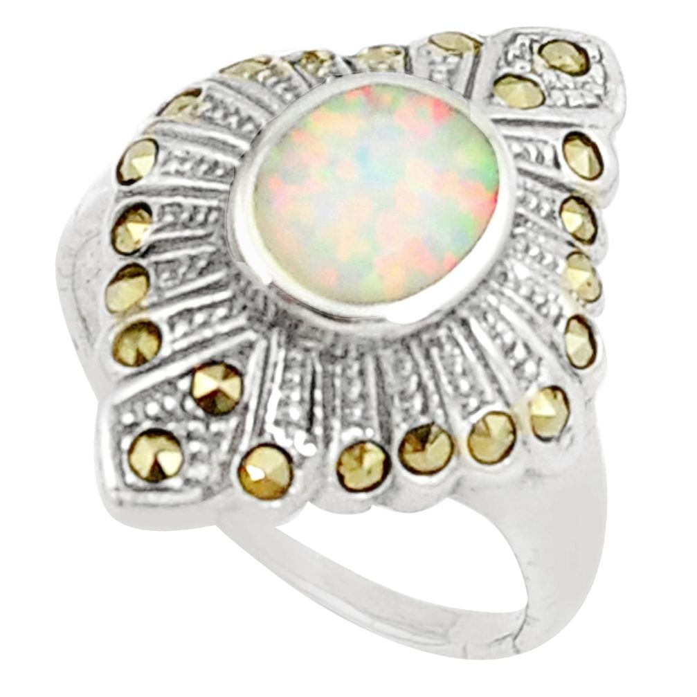 1.34cts pink australian opal (lab) marcasite 925 silver ring size 7.5 a89169