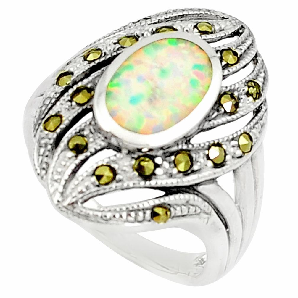 2.24cts pink australian opal (lab) swiss marcasite 925 silver ring size 9 a89362