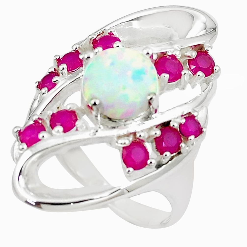 925 silver 4.63cts pink australian opal (lab) red ruby ring size 7 a89484