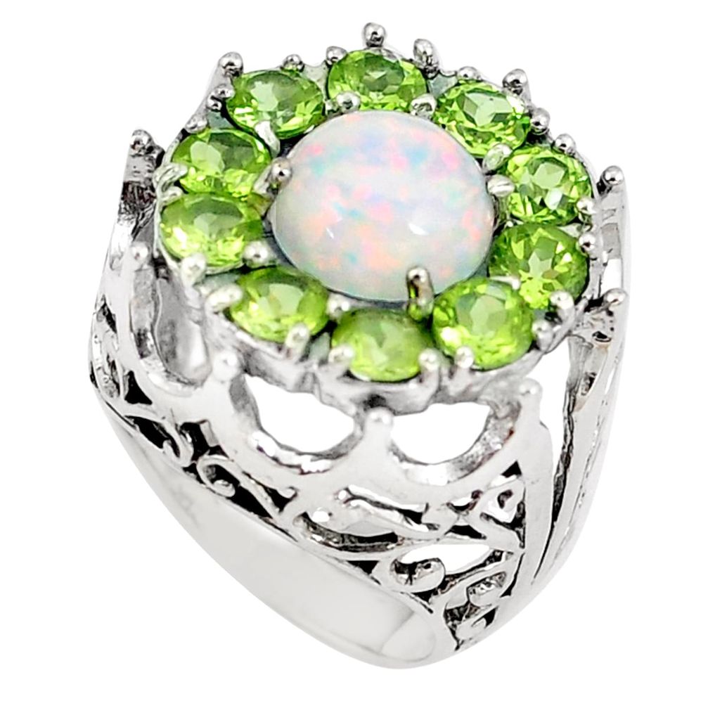 Pink australian opal (lab) green peridot 925 silver ring jewelry size 6.5 a89486