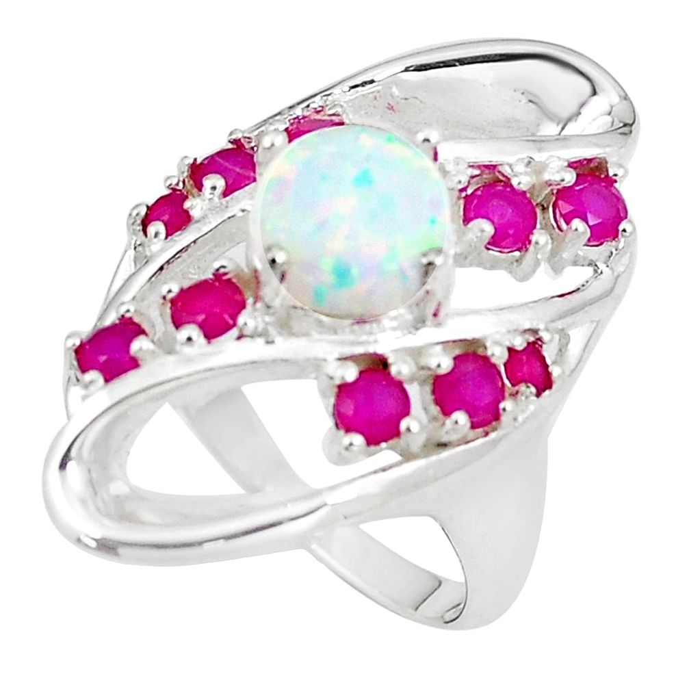 4.51cts pink australian opal (lab) red ruby 925 silver ring size 7.5 a89494