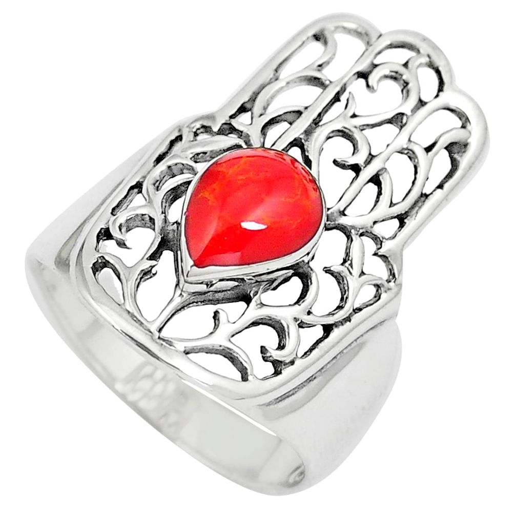 2.35cts red coral 925 sterling silver hand of god hamsa ring size 7 a90845