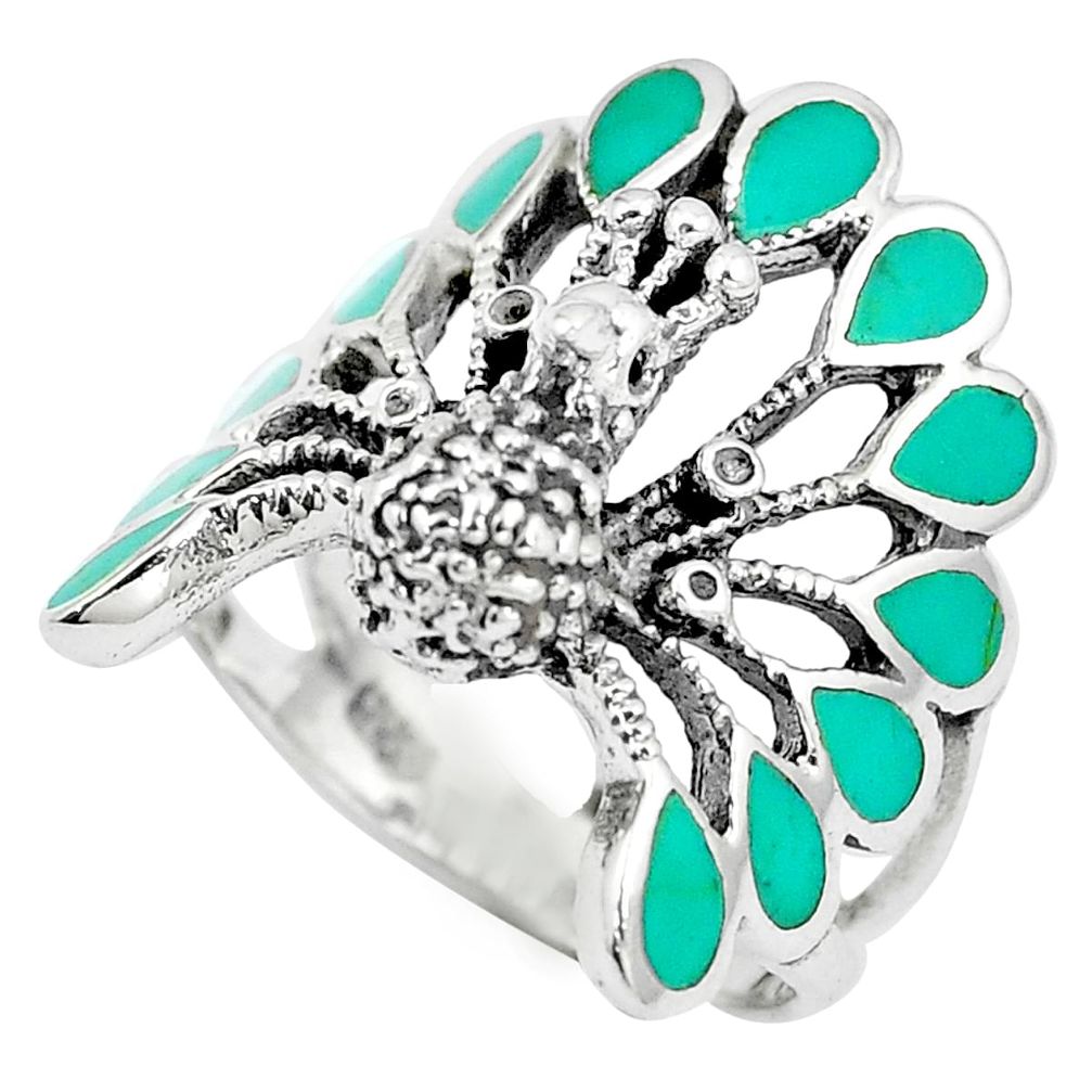6.02gms fine green turquoise enamel 925 silver peacock ring size 6.5 a90852