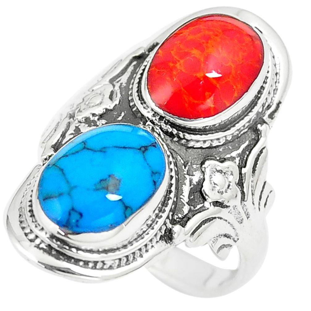 925 silver 6.89gms fine blue turquoise red coral enamel ring size 7.5 a90885